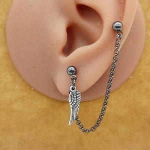 Boucle d'oreille chaîne, boucle d'oreille chaîne en bronze, clou d'oreille, pendentif maillon, pendentif minimaliste, clou d'aile d'ange, clou de boucle d'oreille aile, boucle d'oreille cartilage