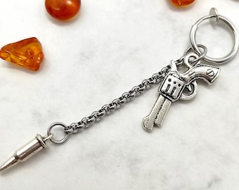 Orecchino a clip pendente Revolver, ciondolo maschile in argento