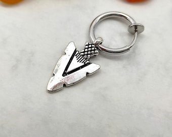 Boucle d'oreille clip pointe de flèche, alliage d'argent antique, non percée
