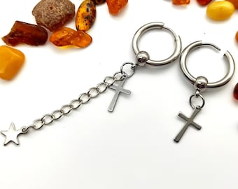 Stainless Steel Cross & Star Charm Hoop Earring: Religious Dangle