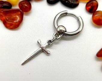 Stainless Steel Dagger Hoop Earring, Unisex Sword Charm