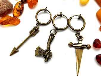 Épée à clip en bronze, attache hache en bronze, boucle d'oreille pour homme, attache flèche en bronze, pendentif gothique hommes tribaux pour homme pour femme Non percé