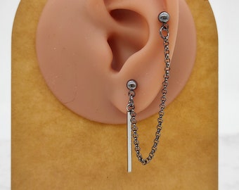 Boucle d’oreille en chaîne, Boucle d’oreille en chaîne Gunmetal, Goujon de cartilage, Goujon de bâton, Goujon de chute minimal, Boucle d’oreille de cartilage, Goujon de mode, Pour femme, Cadeau filles