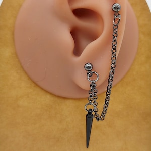 Boucle d'oreille chaîne, boucle d'oreille chaîne en bronze, pendentif à maillons, boucle d'oreille cartilage, clou à pointe noire, boucle d'oreille pour fête, clou tombant, boucle d'oreille pour tous les jours