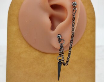 Orecchino a catena color canna di fucile, pendente con punta nera, piccolo regalo unisex