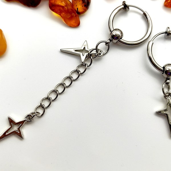 Star earring, One star dangle, Silver star clip-on, Earring star, One men earring, Dangle for men, Double drop hoop, Celestial earring  gift