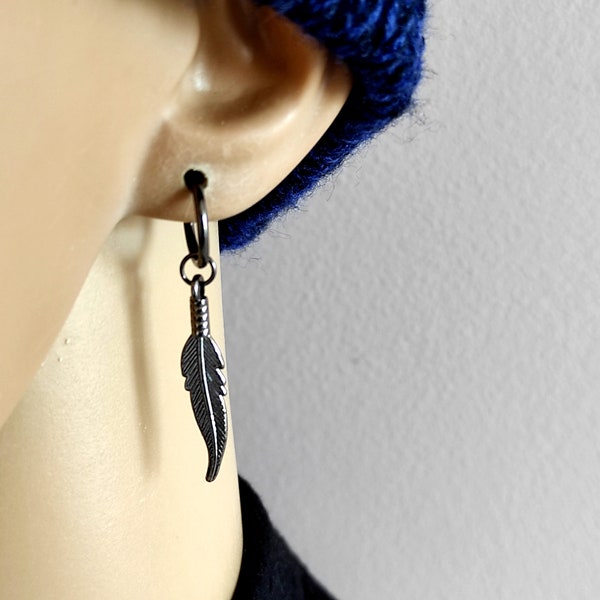 Gunmetal feather clip-on, Feather earring Symbol feather,  Symbol earring, Black feather men, Non pierced,  Guys clip-on,  Hippie clip-on