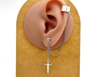 Orecchino a catena con spada, pendente in acciaio inossidabile, clip per cartilagine, clip unisex