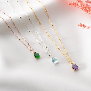Dainty Sterling Silver Birthstone Necklace with Bead Chain