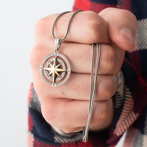 Compass Necklace Men Silver Cute Necklace Silver Men North Star Pendant for Him Father&#39;s Day Birthday Wedding Groomsmen Coordinates Necklace