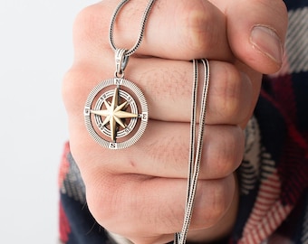 Sterling Silver Compass Necklace, North Star Pendant for Men