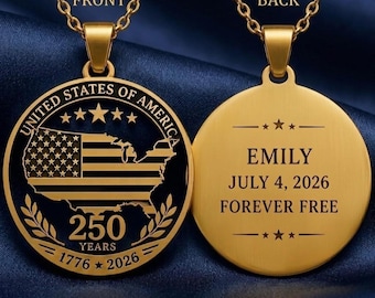 Collana personalizzata per il 250° anniversario degli Stati Uniti, con medaglione della libertà inciso su misura, regalo commemorativo del 4 luglio 1776-2026, ciondolo con mappa dell'America.