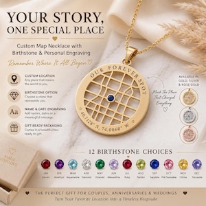 May include: A gold-toned circular pendant necklace featuring a cut-out street map design, a central blue gemstone, and the engraved text "OUR FOREVER SPOT" along with coordinates "40.7128 N, 74.0060 W" on a delicate gold chain.