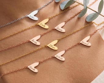 Collana con cuore inciso, collana con cuore laterale personalizzata, collana con nome in oro, ciondoli a forma di cuore personalizzati con nome di famiglia, regalo per lei, regalo di compleanno