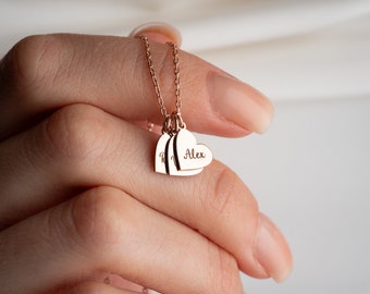 Customizable Engraved Silver Hearts Necklace, Lovers Matching Necklace, Personalized Jewelry, Minimalist Engraved Heart, Mothers Day Gift