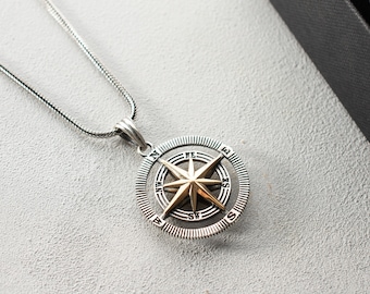 Compass  Necklace Silver, Cute Necklace Silver, Men North Star Pendant for Him, Father's Day Birthday Wedding Groomsmen, Fast ship Next Day
