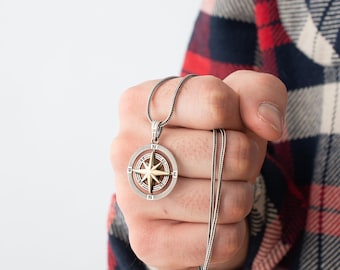 Sterling Silver Compass Necklace: North Star Pendant, Handmade Silver