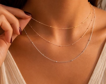 Gold Ball Chain Necklace, Layering Dainty Flat Trace Bead Necklace, Beaded Satellite Chain Necklace, Women Chain Necklace,Stackable Necklace