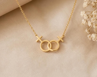 14K Solid Gold Lesbian Necklace, LGBTQ Lesbian Pride Jewelry, Silver Double Venus Necklace, Gift For Her, Mother's Day Gift, LGBT Jewelry