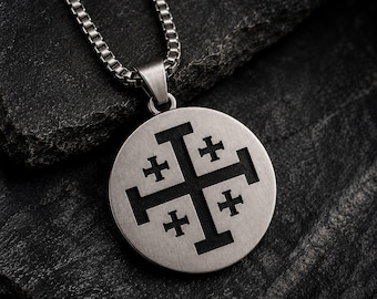 Jerusalem Cross Necklace for Men, Christian Pendant Necklace, Holy Land Jewelry, Faith Gift for Husband,Boyfriend,Dad,Laser Engraved Pendant