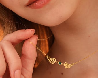 Personalized Sterling Silver Angel Wing Necklace: Birthstone Initial Charm