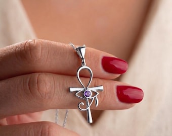Collana Occhio di Ra Ankh con pietra portafortuna, ciondolo di protezione egizio in argento sterling, regalo spirituale per donna, ciondolo croce Ankh.