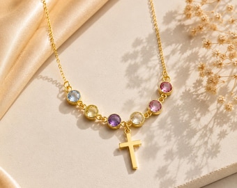 Personalized Birthstone Cross Necklace, 14K Gold Filled Family Tree Pendant, Dainty Cross Necklace with Multi Birthstone, Christian Jewelry