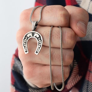Horseshoe Necklace for Men: Lucky 925 Sterling Silver Cowboy Pendant