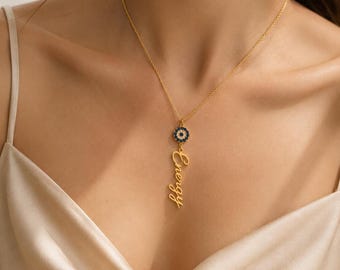 Personalized Name Necklace With An Evil Eye,Custom 14K Gold Protection Pendant wih Name,Birthday Gift,Personalized Turksih Evil Eye Necklace