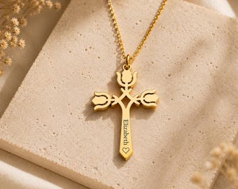 Custom Faith Cross Necklace with Name, Engraved Tulip Cross Necklace with Heart, Personalized Faith Necklace, Custom Christian Gift for Her,