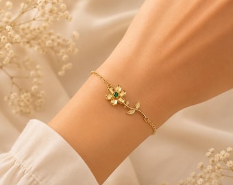 Dainty Birthflower Birthday Bracelet Gift, Birth Flower Gold Bracelet with Birthstone, Personalized Flower Charm Bracelet Birthday Gift Mom