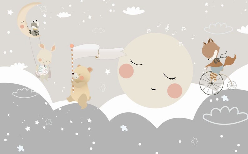 Moon Swing Rabbit Animals Wallpaper, Moon and Stars Nursery Decor (digital File) - Etsy