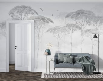 Misty tall tropical trees wallpaper design , For Digital Print. Digital File.