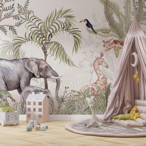 Safari Tiere, Elefant, Giraffe, Tiere, Tapete für Kinderzimmer gestalten, für Digitaldruck. Digitale Datei.