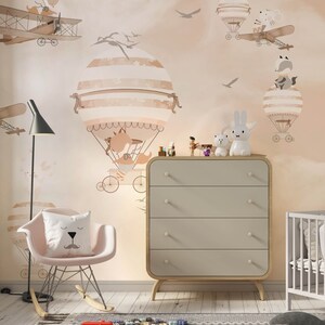 Hot air balloons wallpaper  , Biplane wallpaper , Child mural wallpaper  For Digital Print. Digital File.