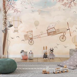 Flugzeug und niedliche Tiere im Himmel Design, Kinderzimmer Tapete, für Digitaldruck. Digitale Datei.