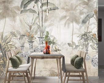 Ceramic Vases and Tropical Banana Leaf Wallpaper: Forest Design (Digital File)