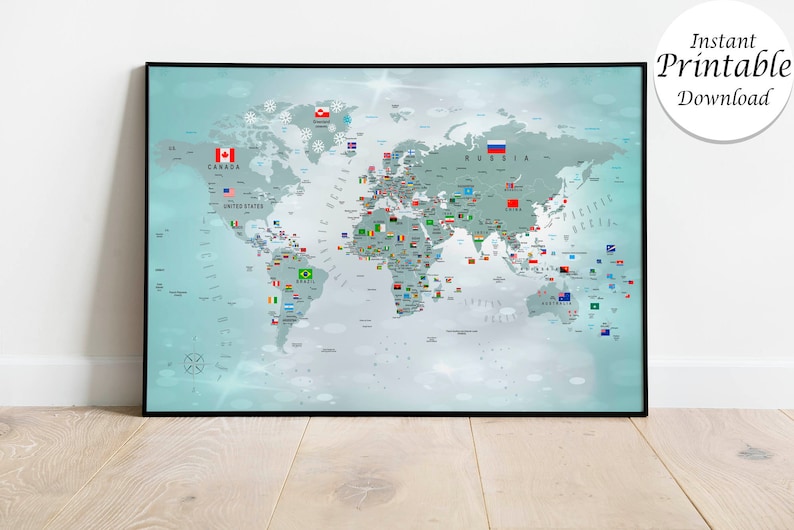 Watercolor World Map With Flags: Kids Room Decor (digital File) - Etsy