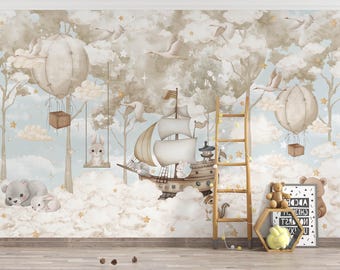 Watercolor style, Happy World of Sweet Animals Above the Clouds Wallpaper Design