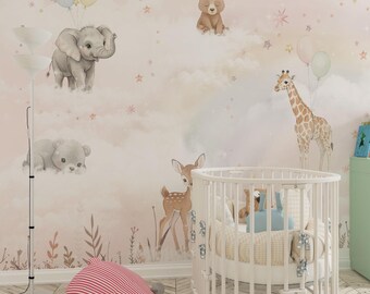 Watercolor Sweet Animals Kids Room Mural: Digital Wallpaper (Digital File)