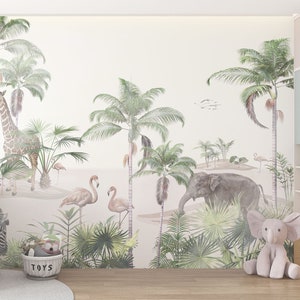 Animales de safari, papel tapiz tropical para habitaciones infantiles. Para impresión digital. Archivo digital.