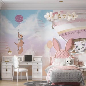 Hot air balloons wallpaper  , Cute Kids Room wallpaper , Child mural wallpaper  For Digital Print. Digital File.