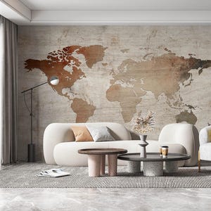 Wereldkaart in houtstijl, vintage wereldkaart, oude wereldkaart, muurschildering wereldkaart voor digitale print. Digitaal bestand.