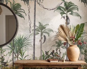 May include: A decorative interior scene featuring a round mirror, a wooden table, and a tropical-themed wallpaper. A vase holds dried palm leaves and fresh greenery. The wallpaper depicts palm trees and lush foliage.