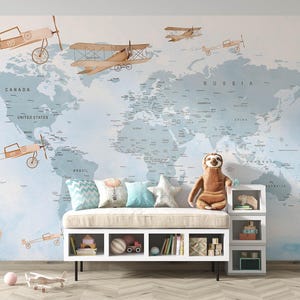 Carte du monde pour enfants, carte éducative pour enfants, papier peint biplan pour impression numérique. Fichier numérique.