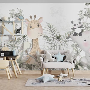Niedliche Tiere unter tropischen Blättern für Kinderzimmer Design, für Digitaldruck. Digitale Datei.