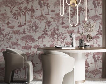 Vintage style miniature trees, flamingo and birds wallpaper design.