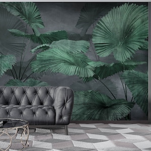 Dark Turquoise leaves wallpaper, Dark Turquoise Tropical mural wallpaper , For Digital Print. Digital File.
