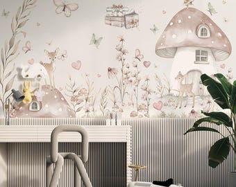 Watercolor style, sweet mushroom houses, gazelles , and flowers wallpaper design.