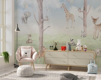 Watercolor Sweet Animals Kids Room Mural: Digital Wallpaper (Digital File)